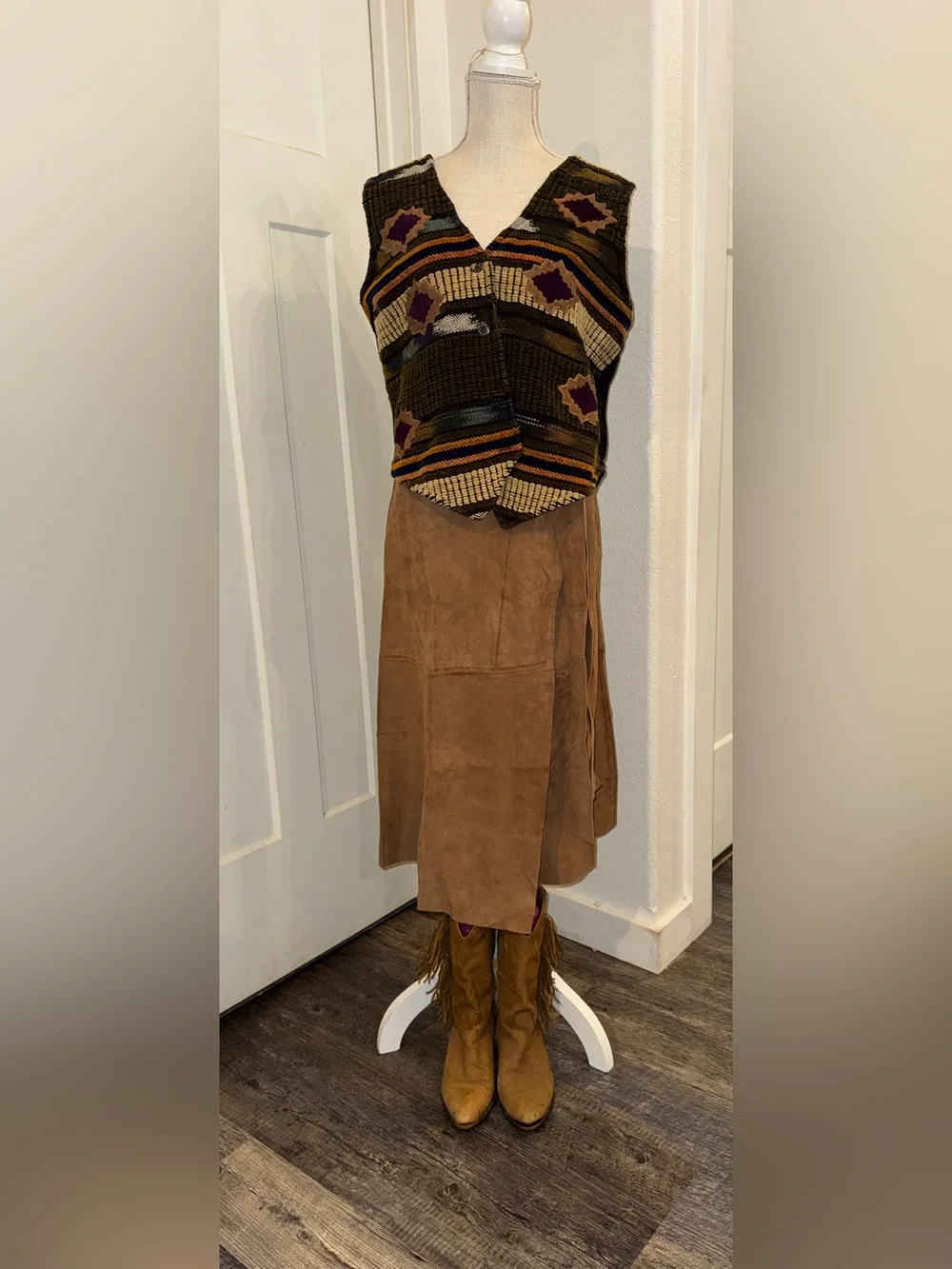 Porter Rd Genuine Goat Leather Suede Wrap Midi Skirt Brown L